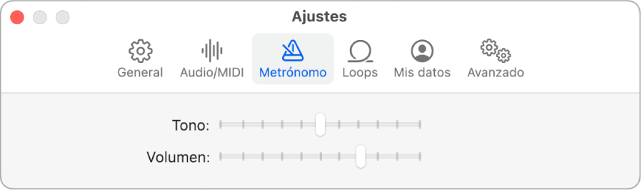 Panel de ajustes Metrónomo