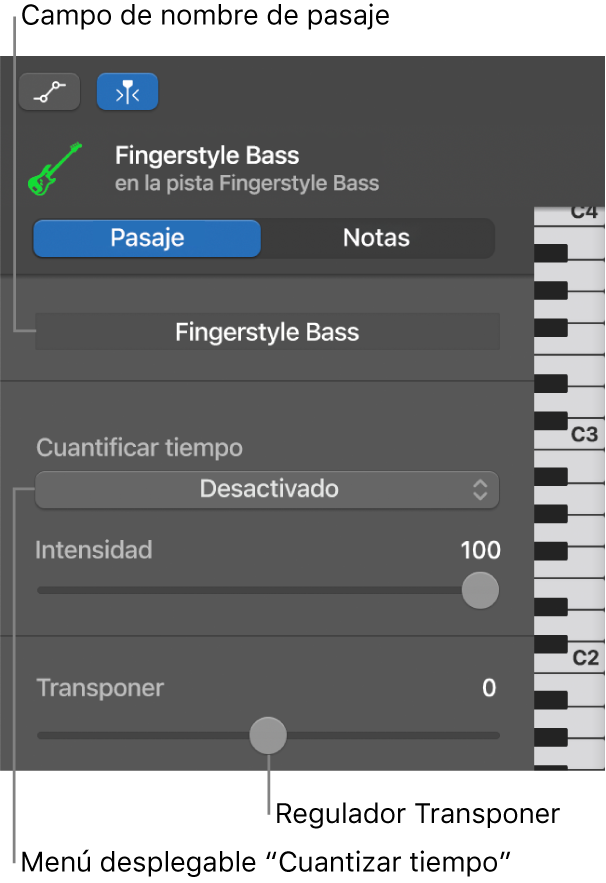 Inspector del editor de teclado en el modo Pasaje con sus controles.