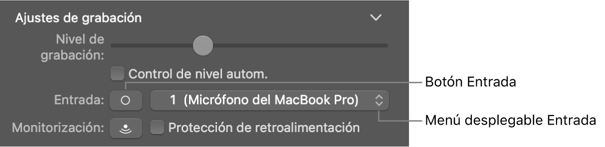 Botón y menú desplegable Entrada en el inspector de Smart Controls.