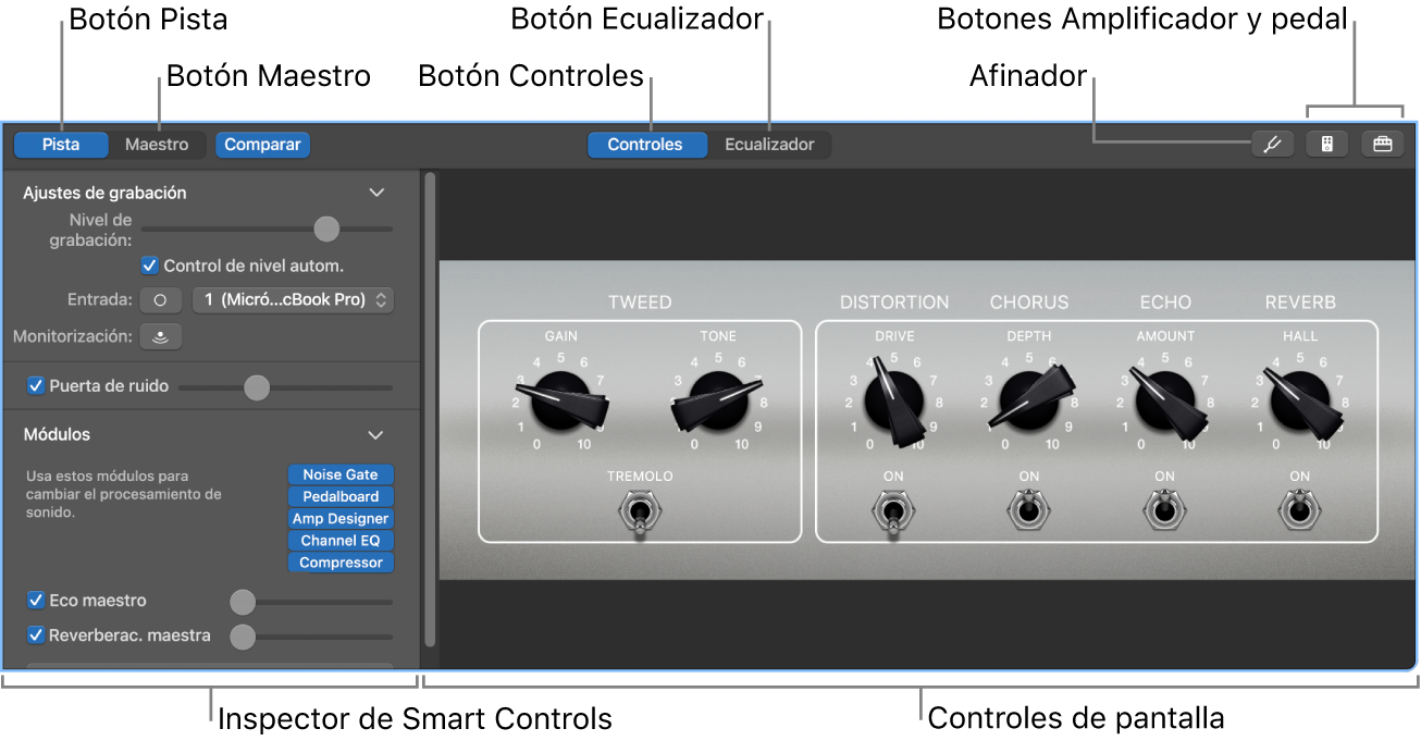 Panel “Smart Controls” abierto, con los controles de pantalla y la barra de menús.