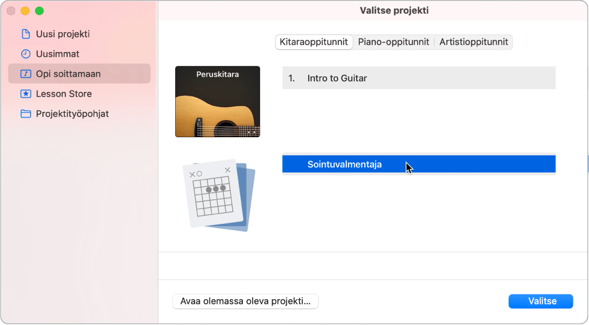 Projektivalitsin, jossa Sointuvalmentaja valittuna.