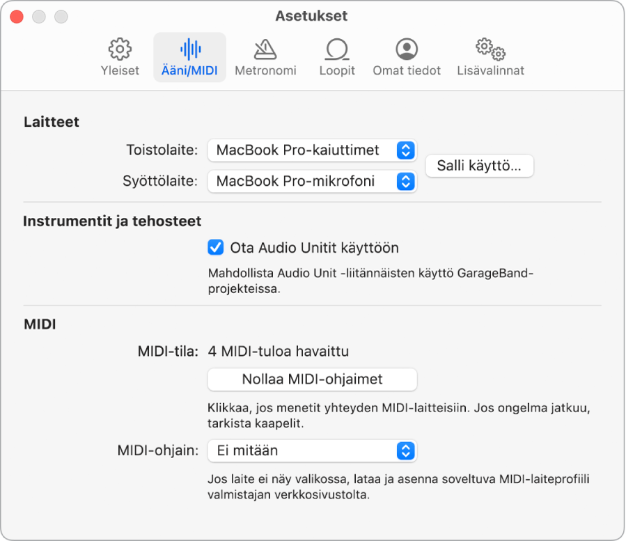Ääni/MIDI-asetusosio.