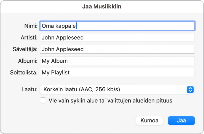 Jaa Musiikkiin -valintaikkuna.