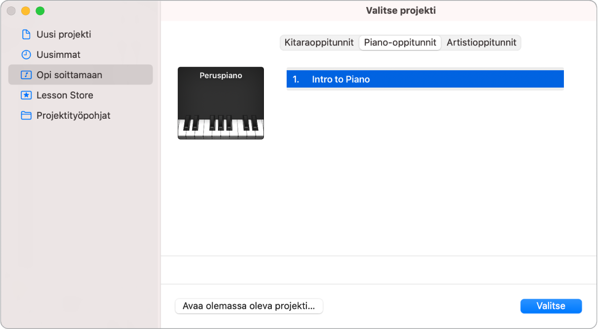 Opi soittamaan ‑oppitunnin valitseminen projektivalitsimesta.