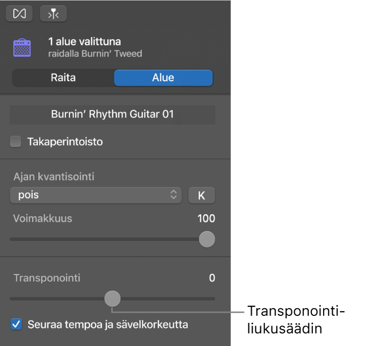 Äänieditorin inspektori Alue-tilassa, jossa näkyy Transponointi-liukusäädin.
