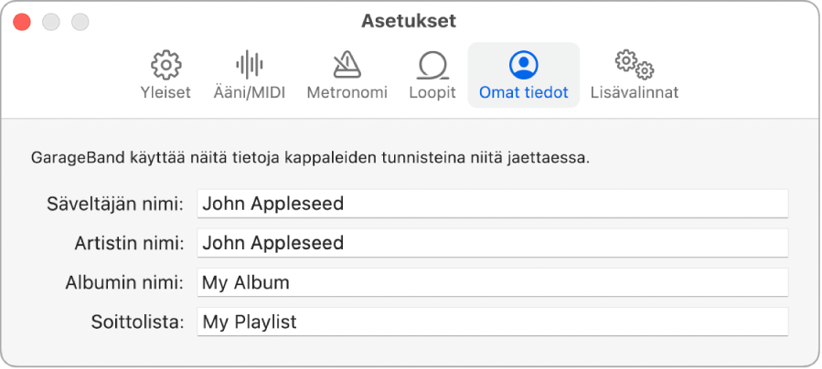 Omat tiedot ‑asetusosio.