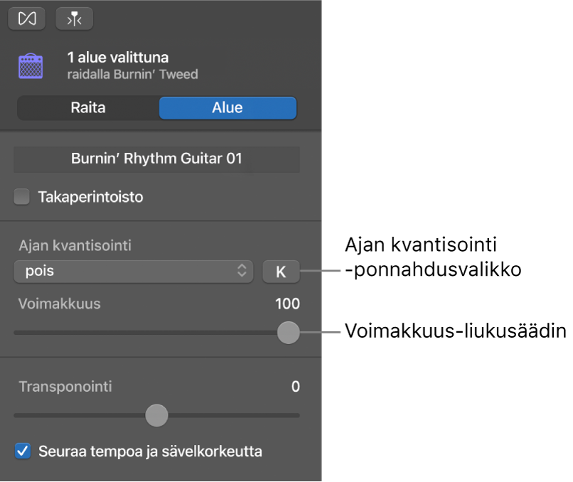 Äänieditori, jossa näkyy Ajan kvantisointi ‑ponnahdusvalikko ja Voimakkuus-liukusäädin.