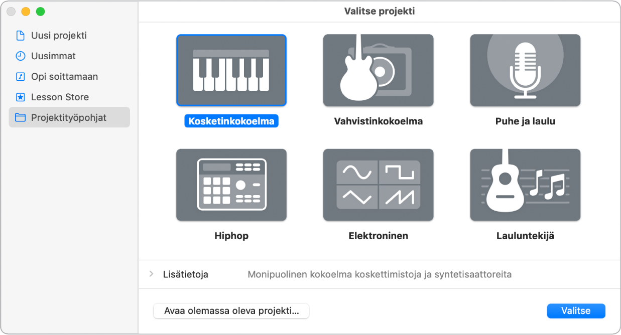 Projektivalitsin, jossa näkyvät Uusi projekti -työpohjat.
