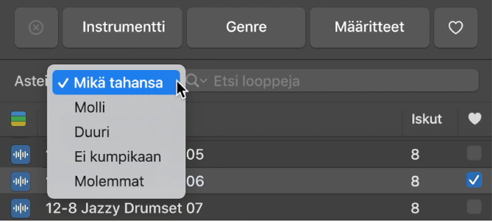 Auki oleva Asteikko-ponnahdusvalikko looppiselaimessa.