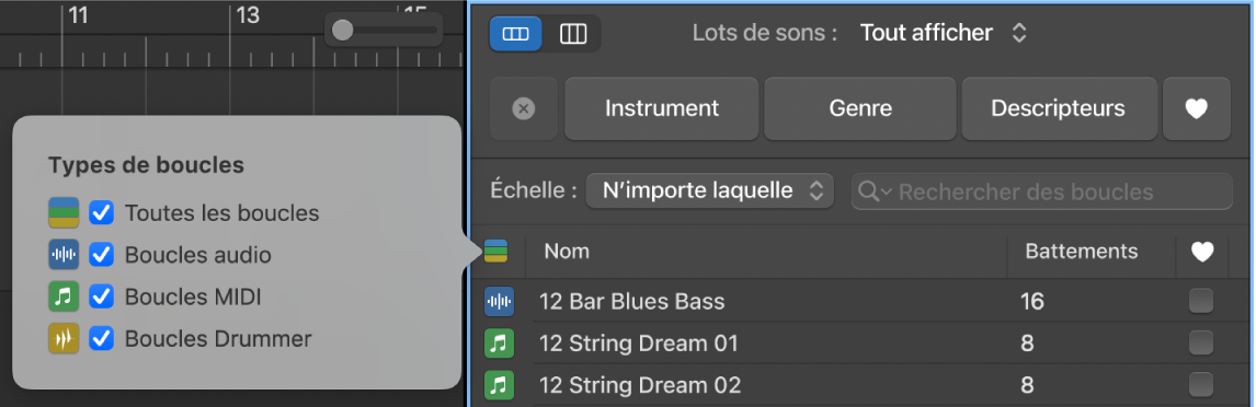 Affichage du bouton Types de boucles.