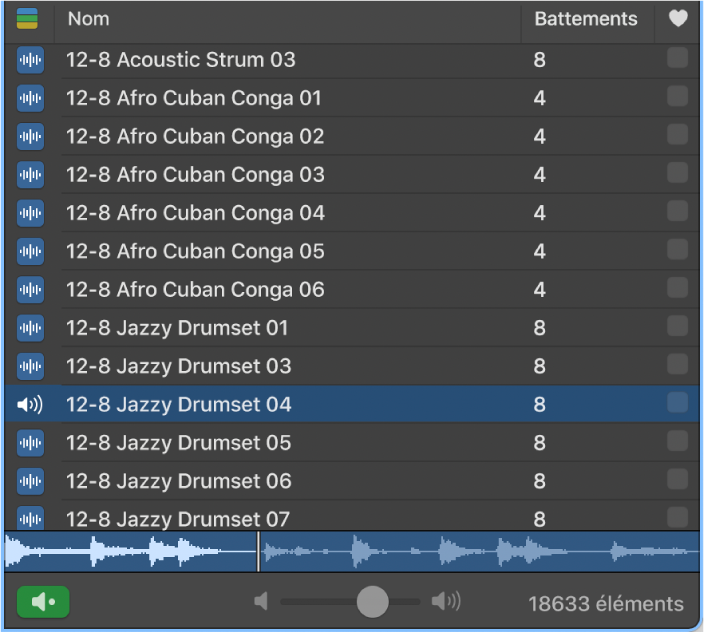 Curseur Volume dans le navigateur de boucles