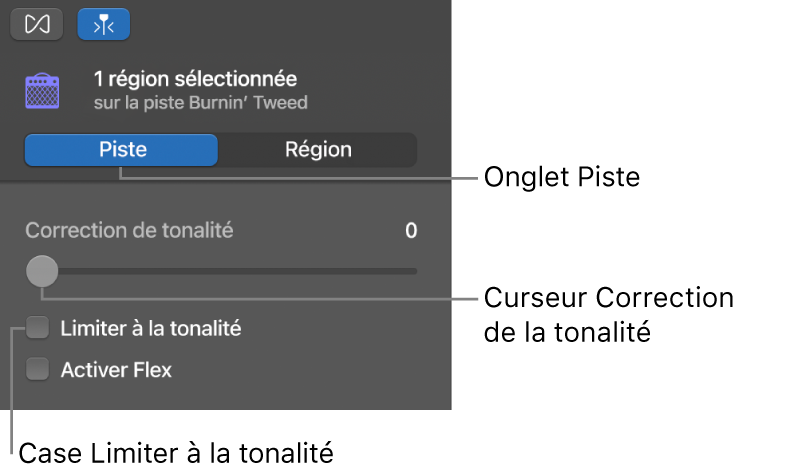 Curseur Correction de hauteur tonale et case Limiter à la tonalité dans l’inspecteur de l’éditeur audio en mode Piste.