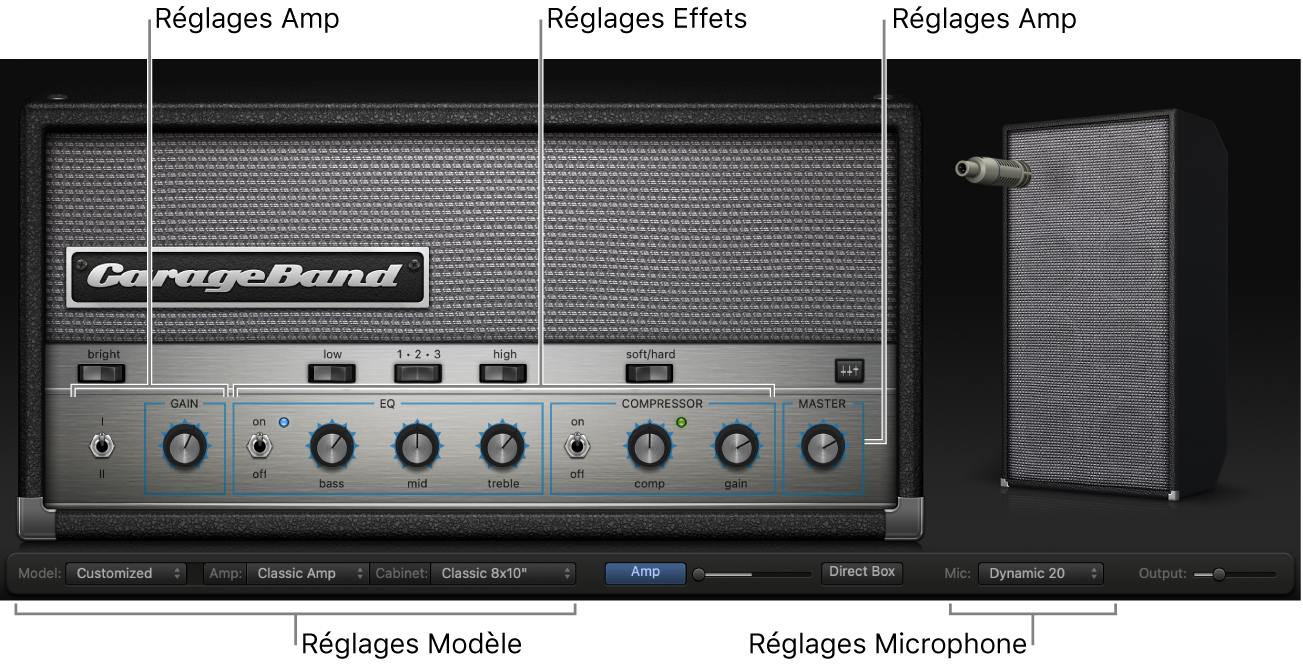 La fenêtre Bass Amp Designer, affichant différentes zones de commandes.