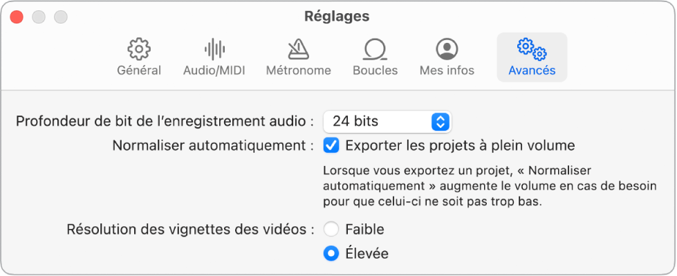 Sous-fenêtre Réglages avancés