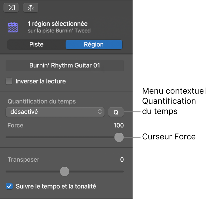 Menu contextuel Quantification du temps et curseur Force dans l’inspecteur de l’éditeur audio.