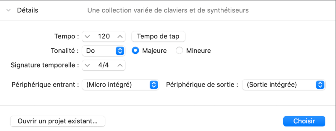 Paramètres dans la zone Détails du sélecteur de projet
