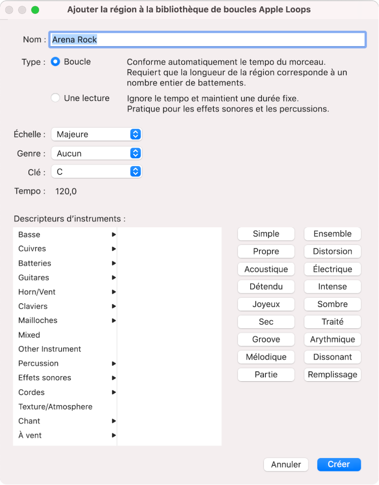 Zone de dialogue Ajouter la région à la bibliothèque de boucles Apple Loops