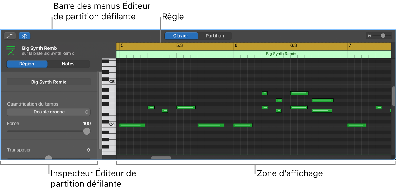 Éditeur de partition défilante, avec mise en évidence d’un événement de note MIDI