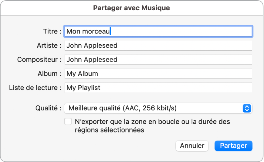 Zone de dialogue Partager avec Musique.