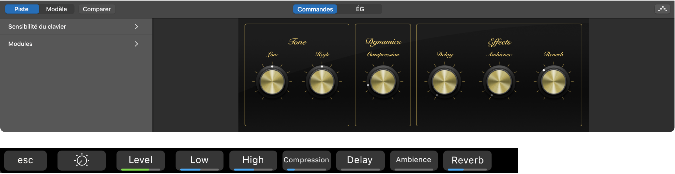 Figure Smart Controls pour une piste d’instrument logiciel et raccourcis dynamiques des Smart Controls pour cet écran.