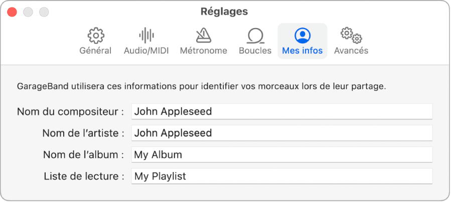 Sous-fenêtre Réglages Mes infos.