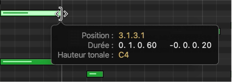 Redimensionnement d’une note dans l’éditeur de partition défilante.