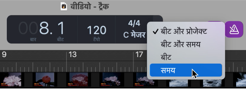 समय प्रारूप चुनते हुए, नियंत्रण बार में LCD।
