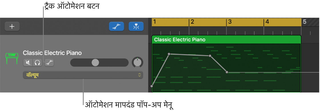 ट्रैक हेडर में प्रदर्शित ट्रैक ऑटोमेशन बटन और ऑटोमेशन मानदंड पॉपअप मेनू।