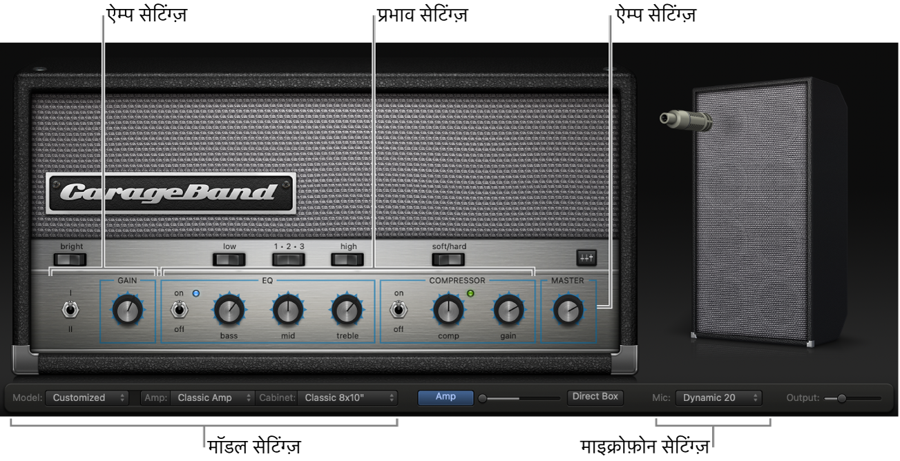 Bass Amp Designer विंडो भिन्न नियंत्रण क्षेत्र दर्शा रही है।