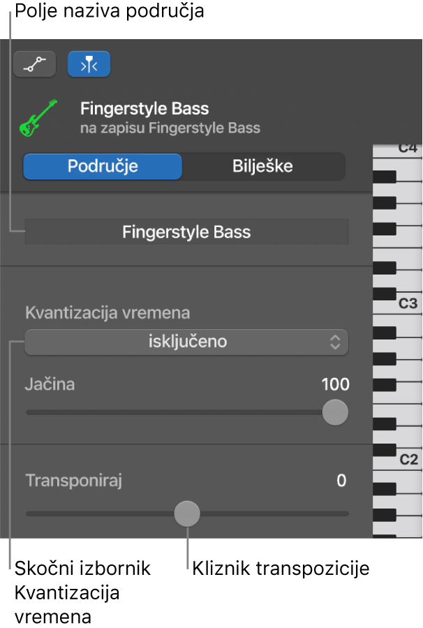 Inspektor Urednika nota klavijature u načinu područja, prikazuje kontrole.