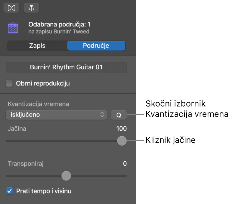 Inspektor Urednika zvuka, prikazuje skočni izbornik Kvantizacija vremena i kliznik jačine.