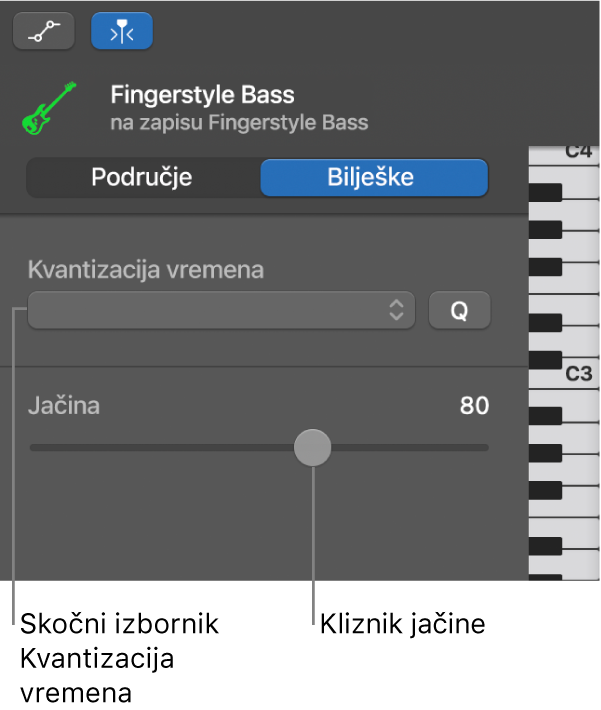 Inspektor Urednika nota klavijature u načinu nota, prikazuje kontrole.