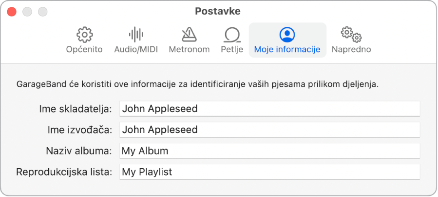 Prozor postavki Moje informacije.
