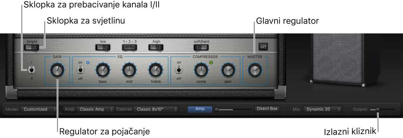 Bass Amp Designer kontrole za pojačanje, uključujući preklopku Bright, regulator Gain, preklopke Channel I i II i regulator Master.