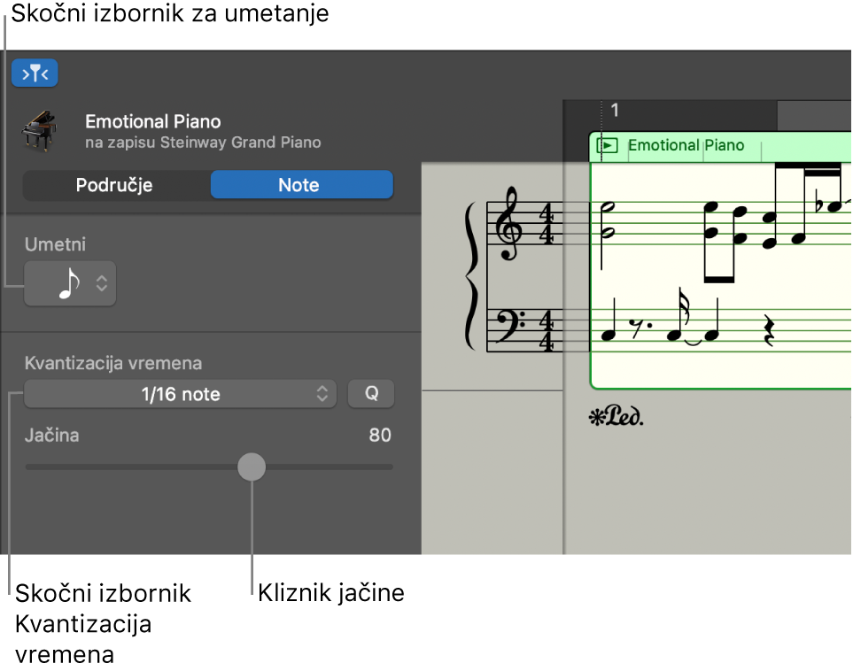 Inspektor Urednika notnog zapisa u načinu nota, prikazuje kontrole.