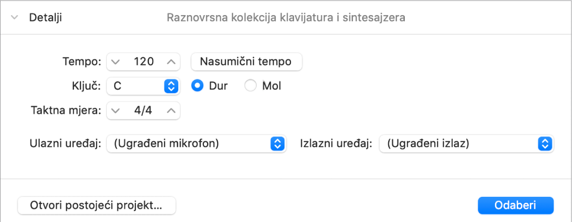 Područje detalja otvorenog Odabira projekta, prikazuje parametre