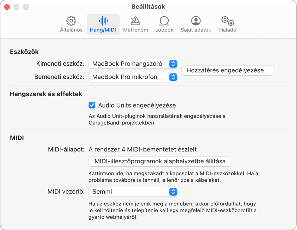 A Hang-/MIDI-beállítások panel.