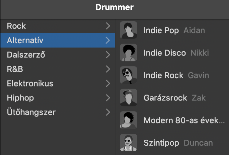 Egy műfaj kiválasztása a Drummer-szerkesztőben.