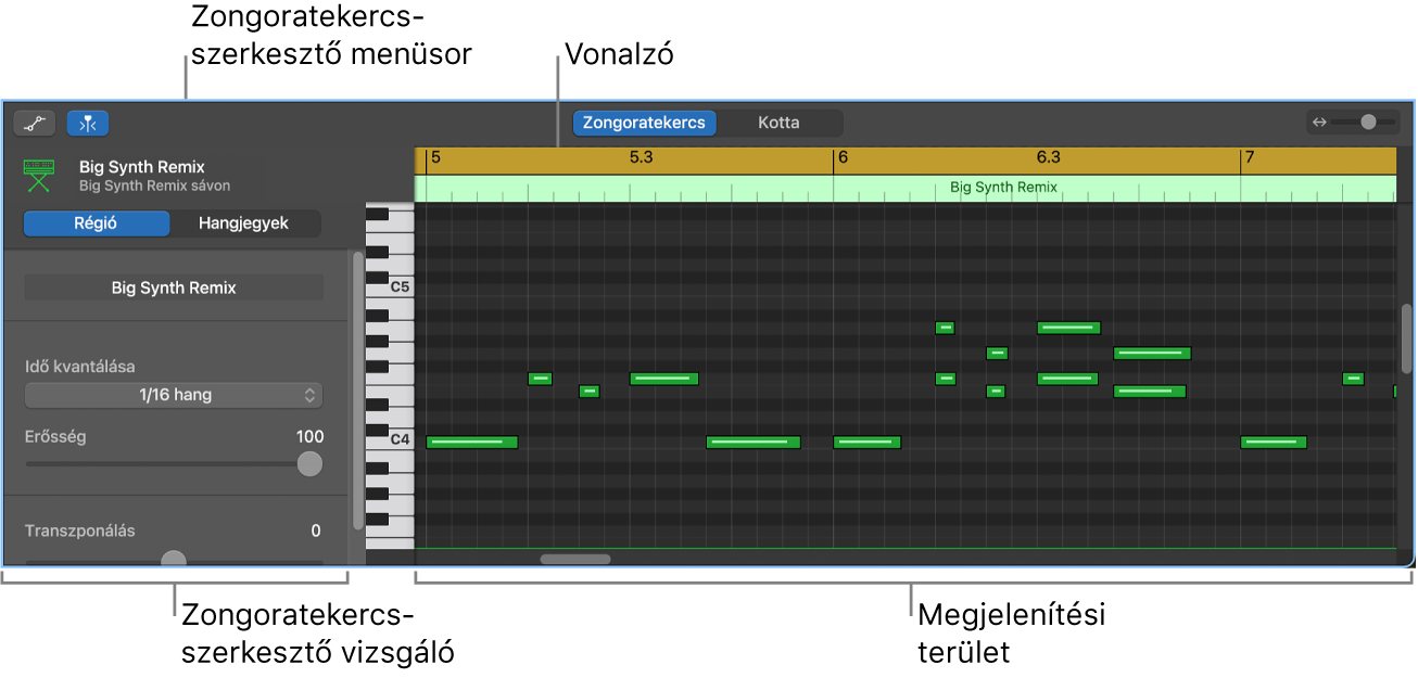 A Zongoratekercs-szerkesztő, amelyben egy MIDI-hangesemény látható