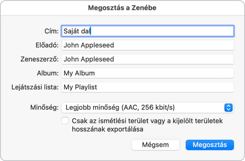 Megosztás a Zenében párbeszédablak