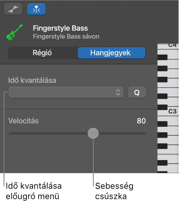 A Zongoratekercs-szerkesztő vizsgálója Terület módban a vezérlőkkel Hangjegyek módban a vezérlőkkel.
