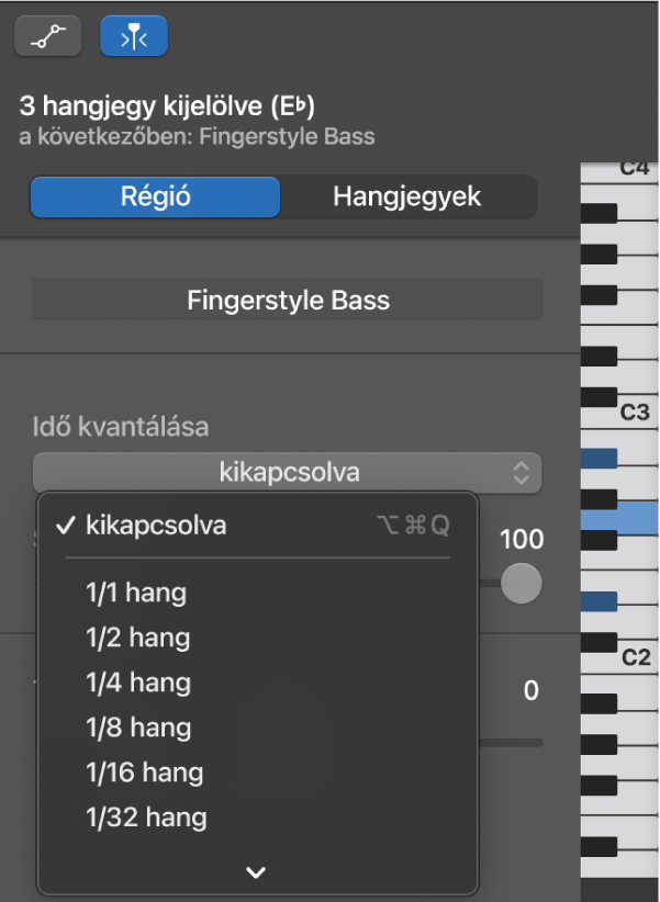 Egy érték kiválasztása az Időkvantálás előugró menüből a Zongoratekercs-szerkesztő vizsgálójában.