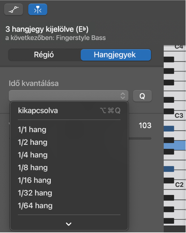 Egy érték kiválasztása az Időkvantálás előugró menüből a Zongoratekercs-szerkesztő vizsgálójában.