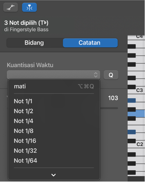 Memilih nilai dari menu pop-up Kuantisasi Waktu di inspektur Editor Rol Piano.