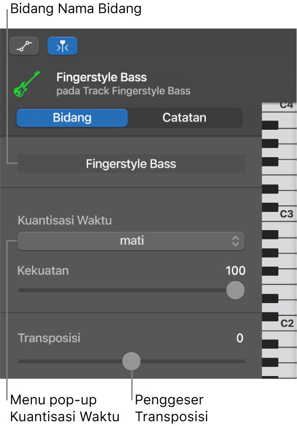 Inspektur Editor Rol Piano dalam mode Bidang, yang menampilkan kontrol.