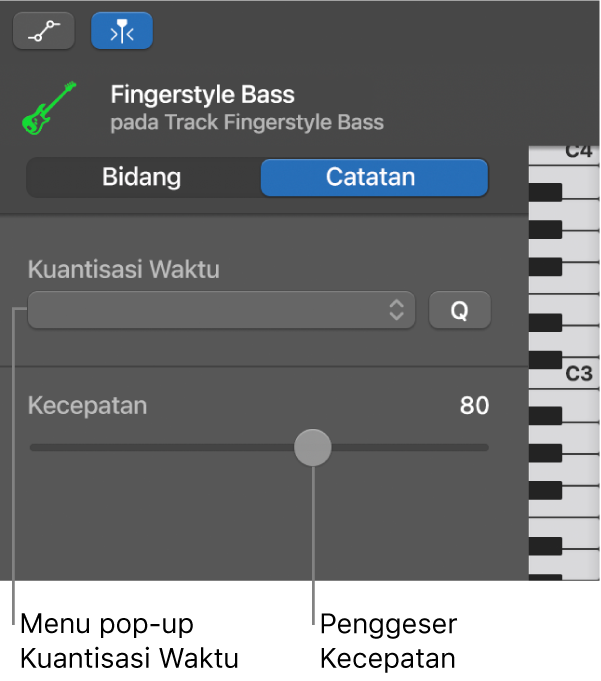 Inspektur Editor Rol Piano dalam mode Not, yang menampilkan kontrol.