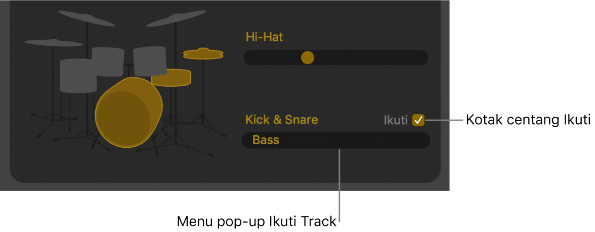 Editor Drummer yang menampilkan kotak centang Ikuti dan menu pop-up Ikuti Track.