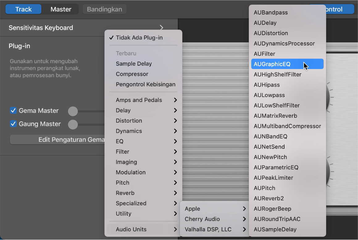 Memilih plug-in Audio Units dari menu pop-up Audio Units di area Plug-in.