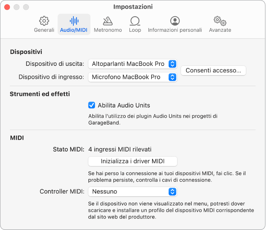 Il pannello delle impostazioni Audio/MIDI.