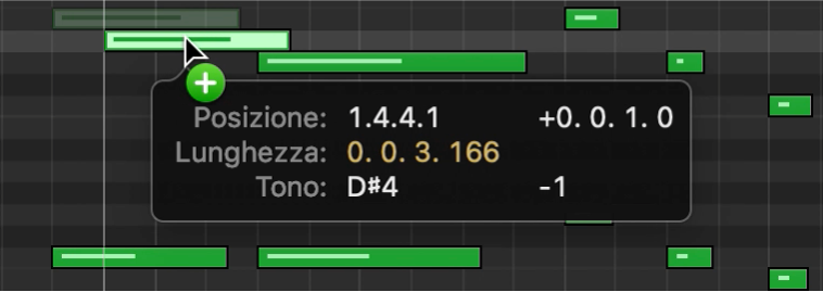 Trascinamento col tasto Opzione premuto per copiare una nota in “Editor Piano roll”.